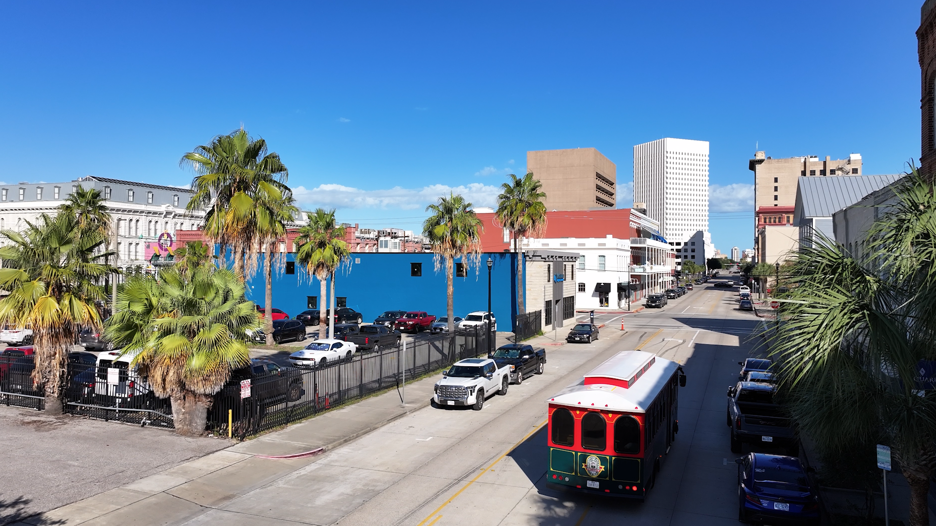 Galveston trolley on tracks downtown