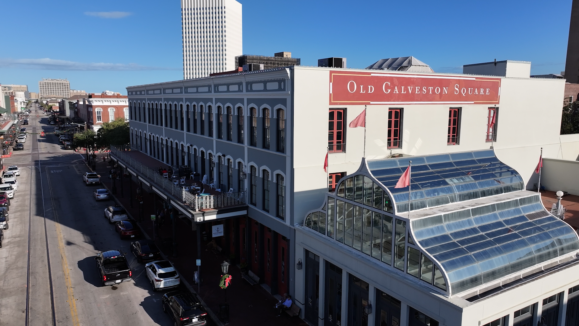 Historic downtown facade with mature trees